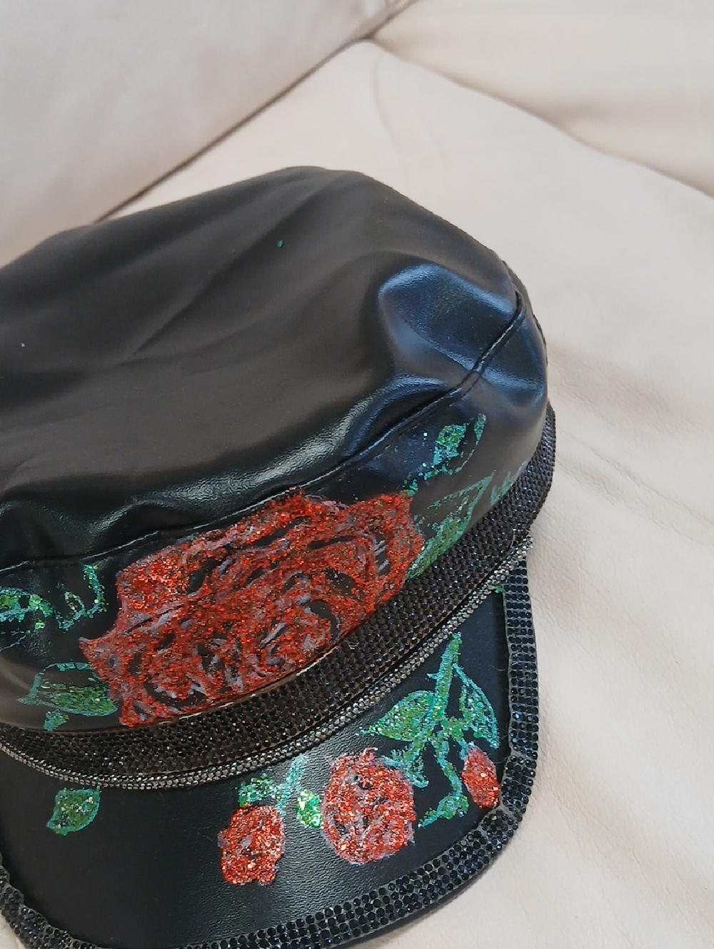 Black Floral Embellished Leatherette Ne25ws Boy Cap